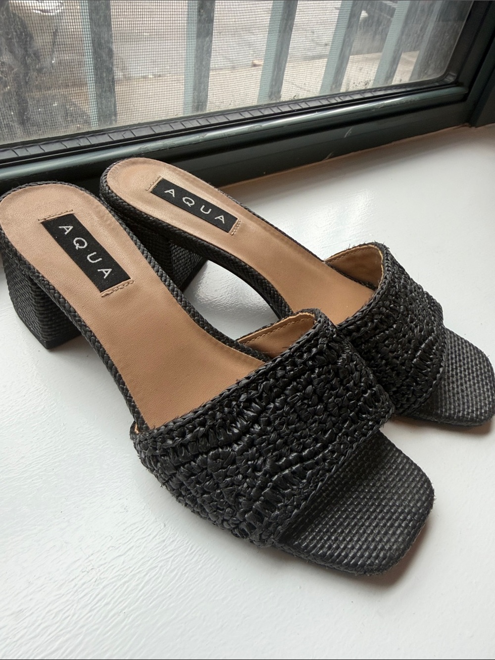 Aqua Black Woven Block Heel Mules